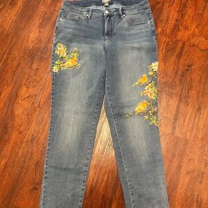 Martha Stewart embroidered blue jeans with bird motif